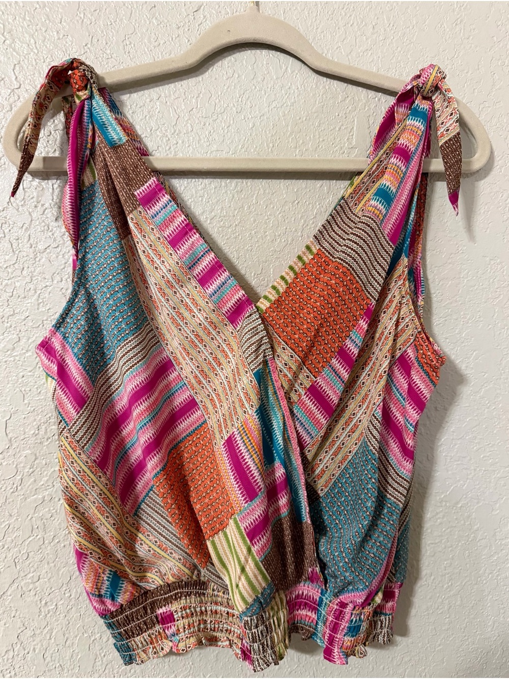 Women’s Multicolor Patchwork Tie-Shoulder V-Neck Tank Top